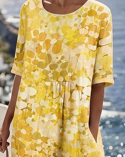 Femme Robe Midi Manches Courtes à Imprimé Fleuri et Col Rond