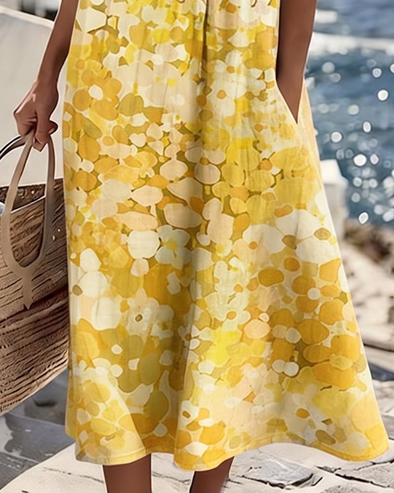 Femme Robe Midi Manches Courtes à Imprimé Fleuri et Col Rond