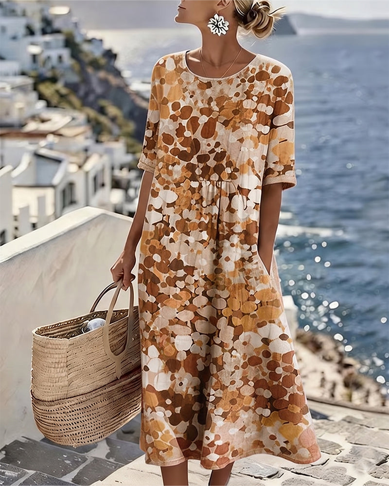 Femme Robe Midi Manches Courtes à Imprimé Fleuri et Col Rond