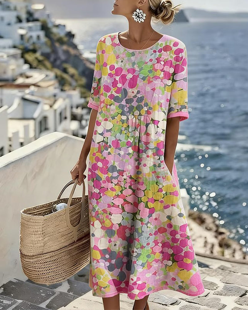 Femme Robe Midi Manches Courtes à Imprimé Fleuri et Col Rond