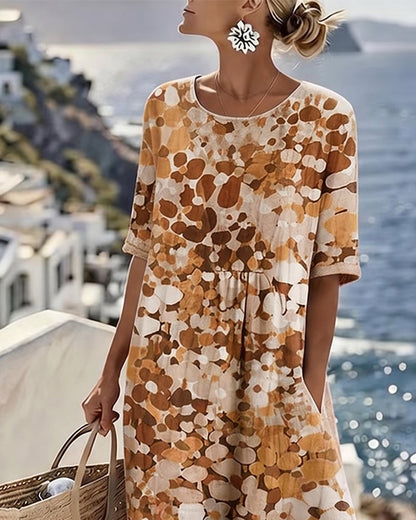 Femme Robe Midi Manches Courtes à Imprimé Fleuri et Col Rond