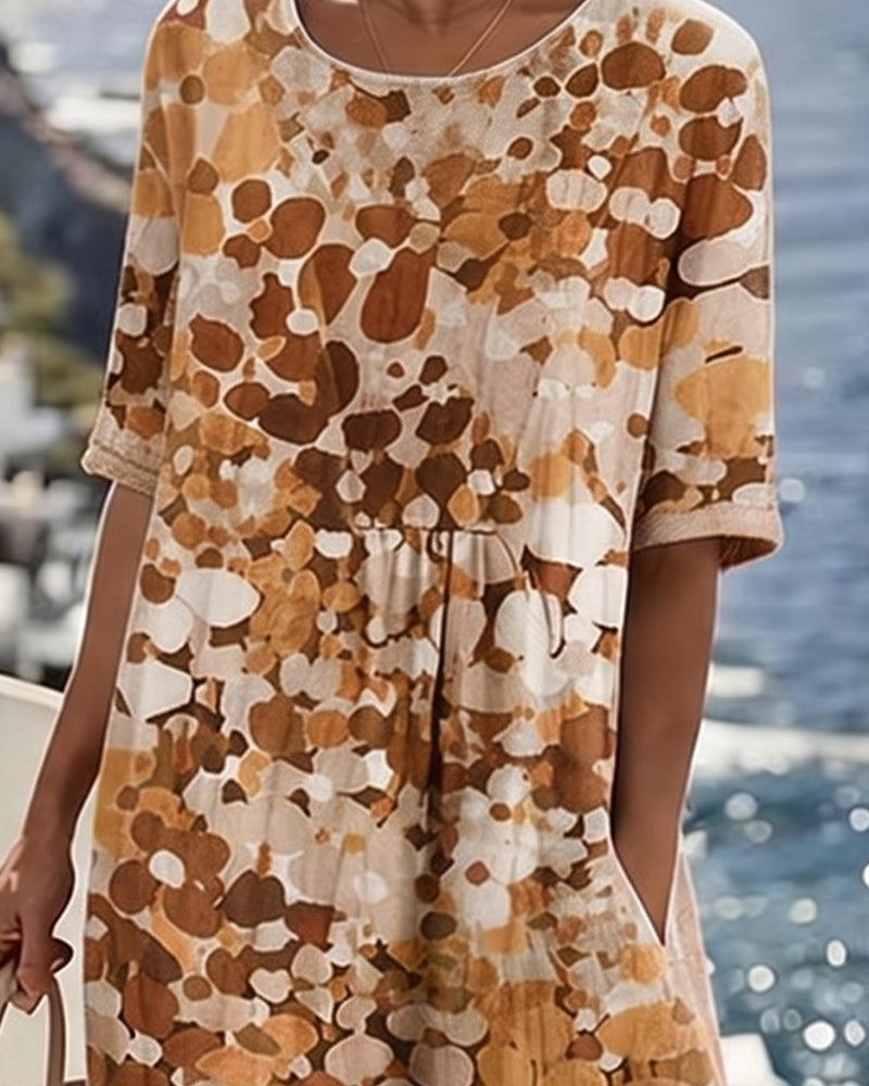 Femme Robe Midi Manches Courtes à Imprimé Fleuri et Col Rond