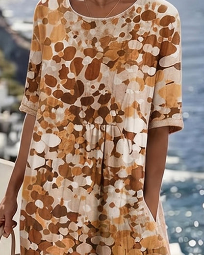 Femme Robe Midi Manches Courtes à Imprimé Fleuri et Col Rond
