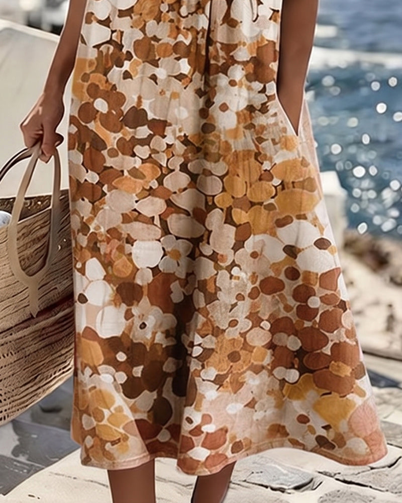 Femme Robe Midi Manches Courtes à Imprimé Fleuri et Col Rond