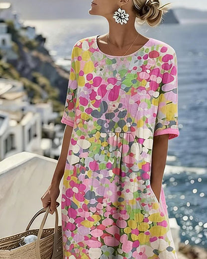 Femme Robe Midi Manches Courtes à Imprimé Fleuri et Col Rond