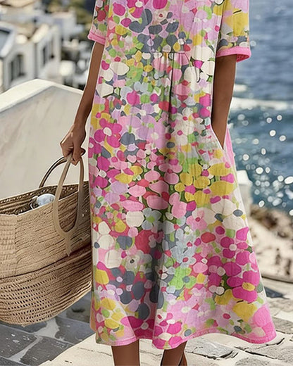 Femme Robe Midi Manches Courtes à Imprimé Fleuri et Col Rond