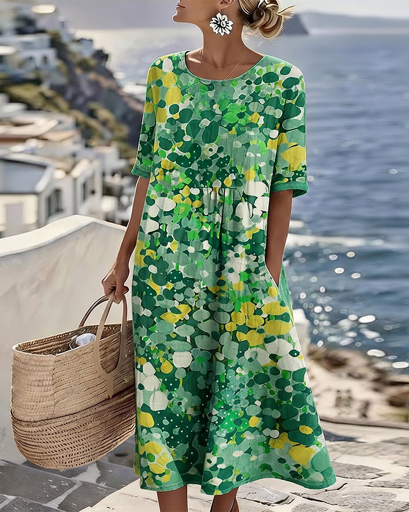 Femme Robe Midi Manches Courtes à Imprimé Fleuri et Col Rond