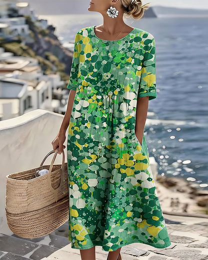 Femme Robe Midi Manches Courtes à Imprimé Fleuri et Col Rond