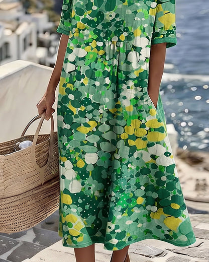 Femme Robe Midi Manches Courtes à Imprimé Fleuri et Col Rond