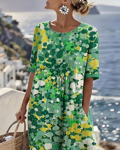 Femme Robe Midi Manches Courtes à Imprimé Fleuri et Col Rond