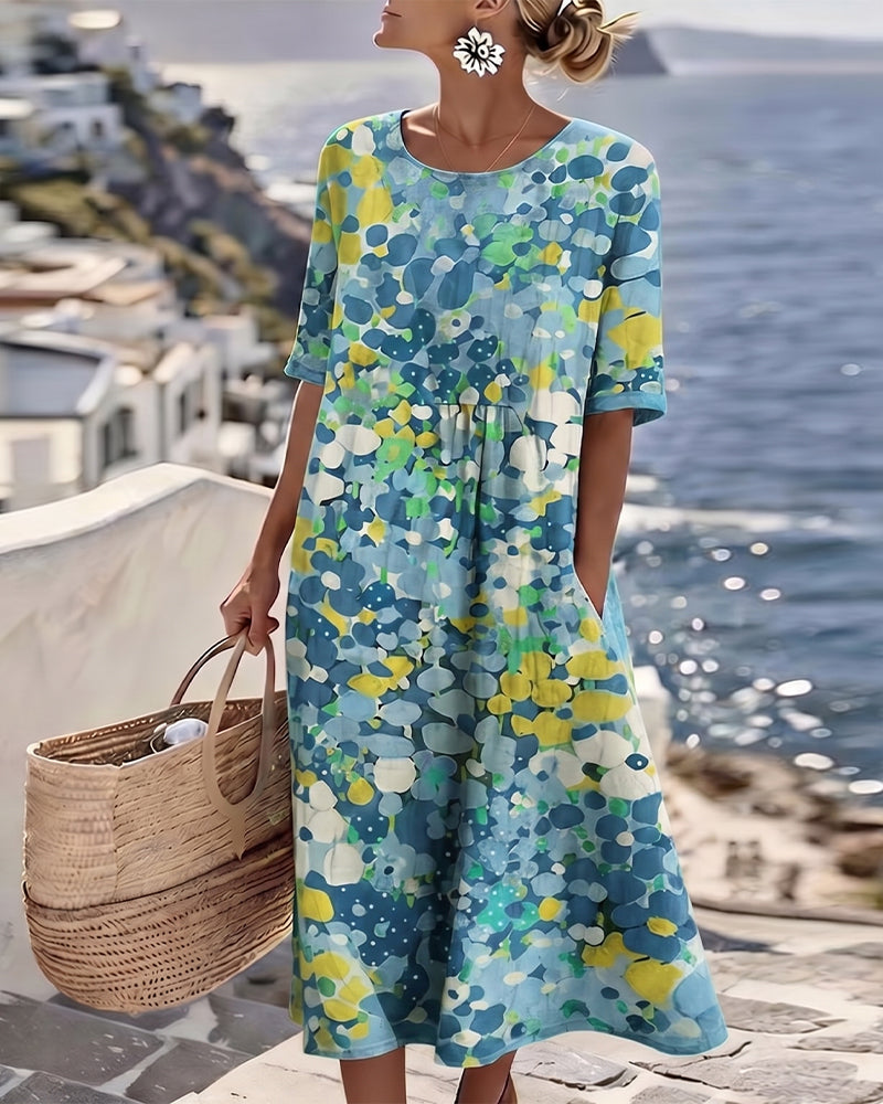 Femme Robe Midi Manches Courtes à Imprimé Fleuri et Col Rond
