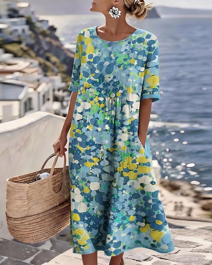Femme Robe Midi Manches Courtes à Imprimé Fleuri et Col Rond