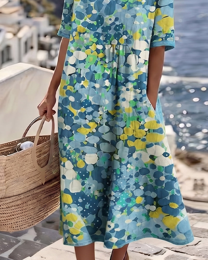 Femme Robe Midi Manches Courtes à Imprimé Fleuri et Col Rond