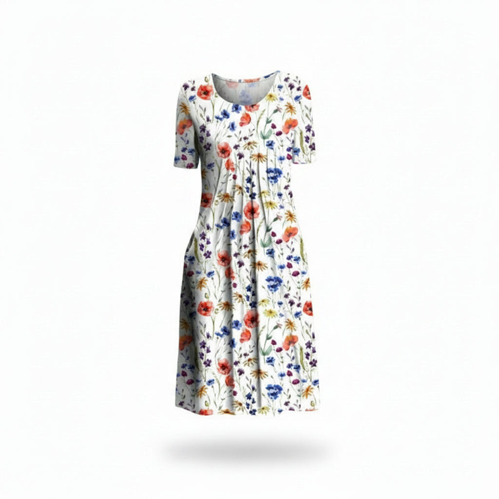 Femme Robe Midi Manches Courtes à Imprimé Floral avec Poches et Col Rond