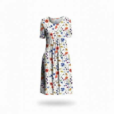 Femme Robe Midi Manches Courtes à Imprimé Floral avec Poches et Col Rond