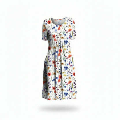 Femme Robe Midi Manches Courtes à Imprimé Floral avec Poches et Col Rond