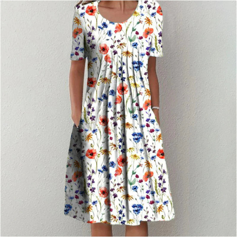 Femme Robe Midi Manches Courtes à Imprimé Floral avec Poches et Col Rond