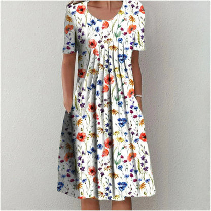 Femme Robe Midi Manches Courtes à Imprimé Floral avec Poches et Col Rond