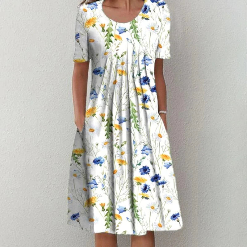 Femme Robe Midi Manches Courtes à Imprimé Floral avec Poches et Col Rond
