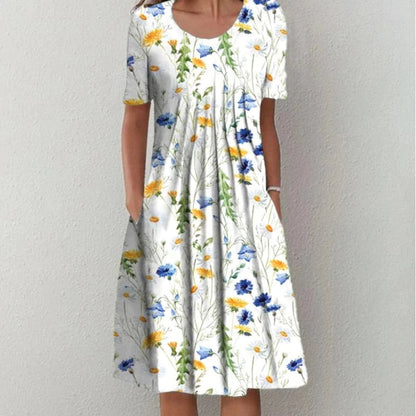 Femme Robe Midi Manches Courtes à Imprimé Floral avec Poches et Col Rond