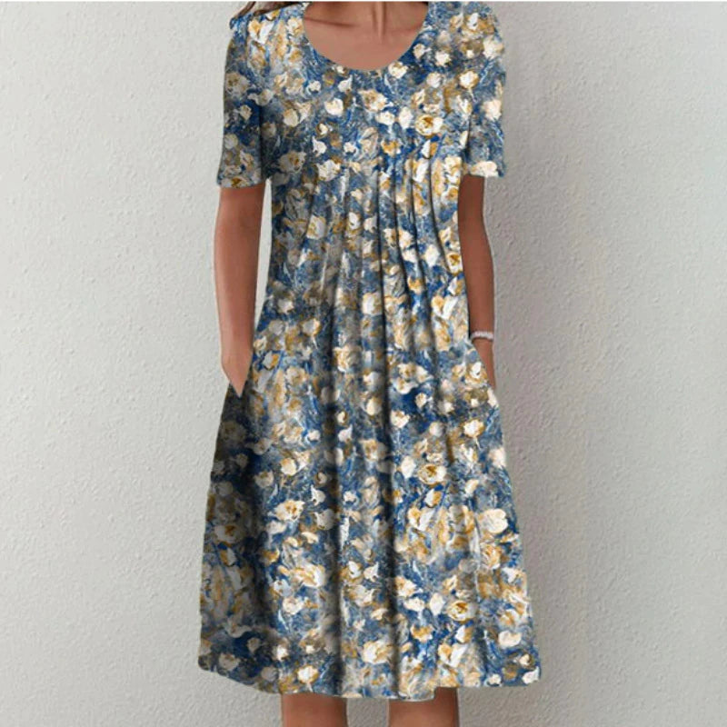 Femme Robe Midi Manches Courtes à Imprimé Floral avec Poches et Col Rond