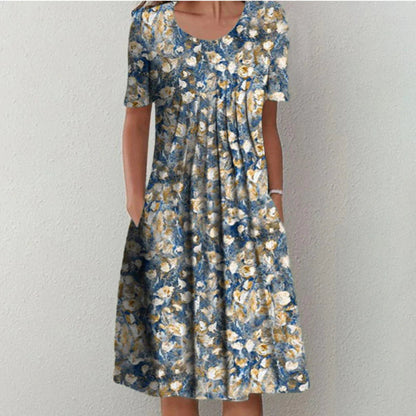 Femme Robe Midi Manches Courtes à Imprimé Floral avec Poches et Col Rond