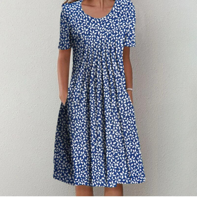 Femme Robe Midi Manches Courtes à Imprimé Floral avec Poches et Col Rond