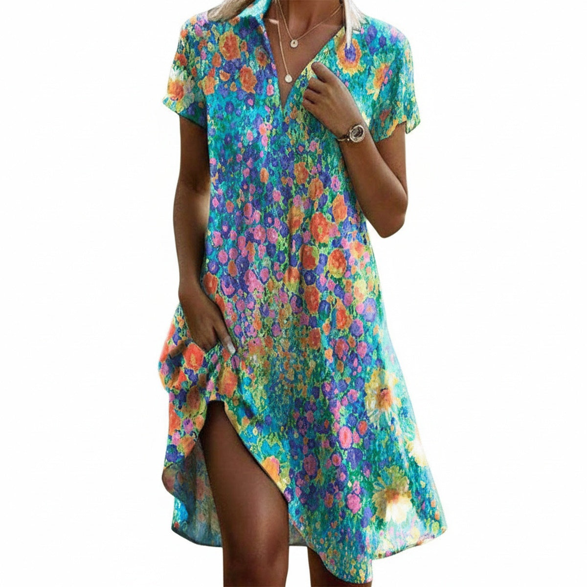 Femme Robe Midi Manches Courtes à Imprimé Floral et Col en V