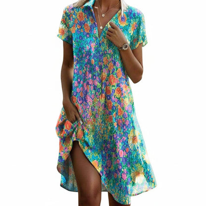 Femme Robe Midi Manches Courtes à Imprimé Floral et Col en V
