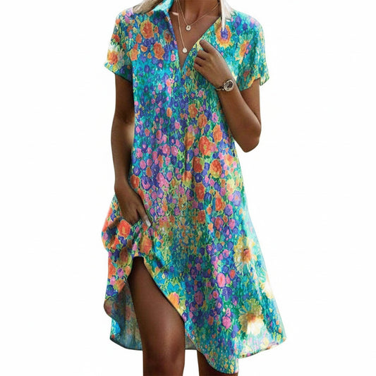 Femme Robe Midi Manches Courtes à Imprimé Floral et Col en V
