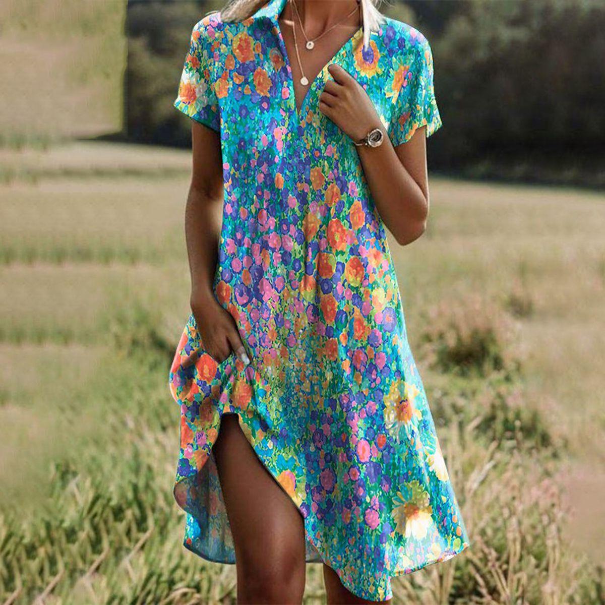 Femme Robe Midi Manches Courtes à Imprimé Floral et Col en V