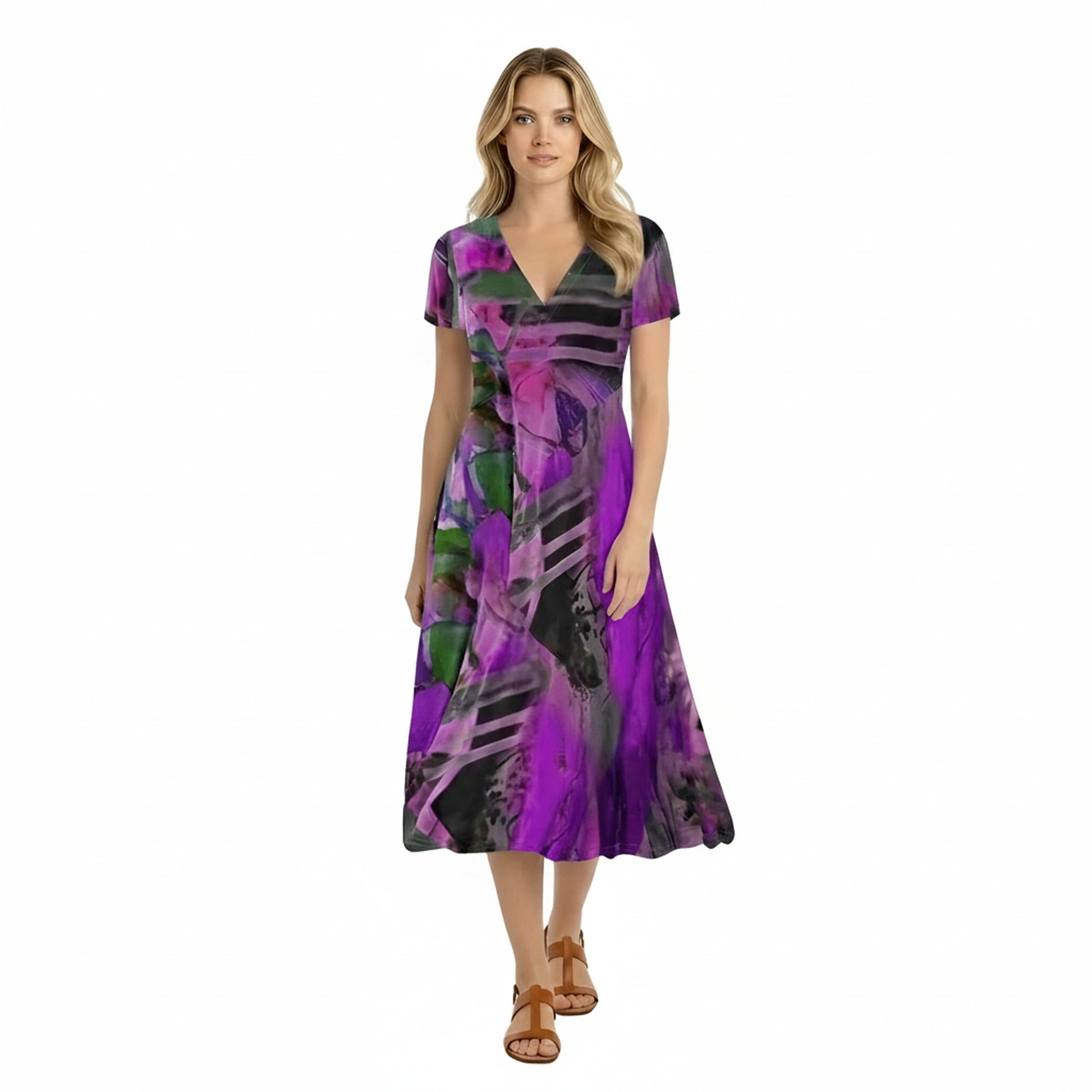 Femme Robe Midi Manches Courtes avec Col en V et Imprimé Abstrait