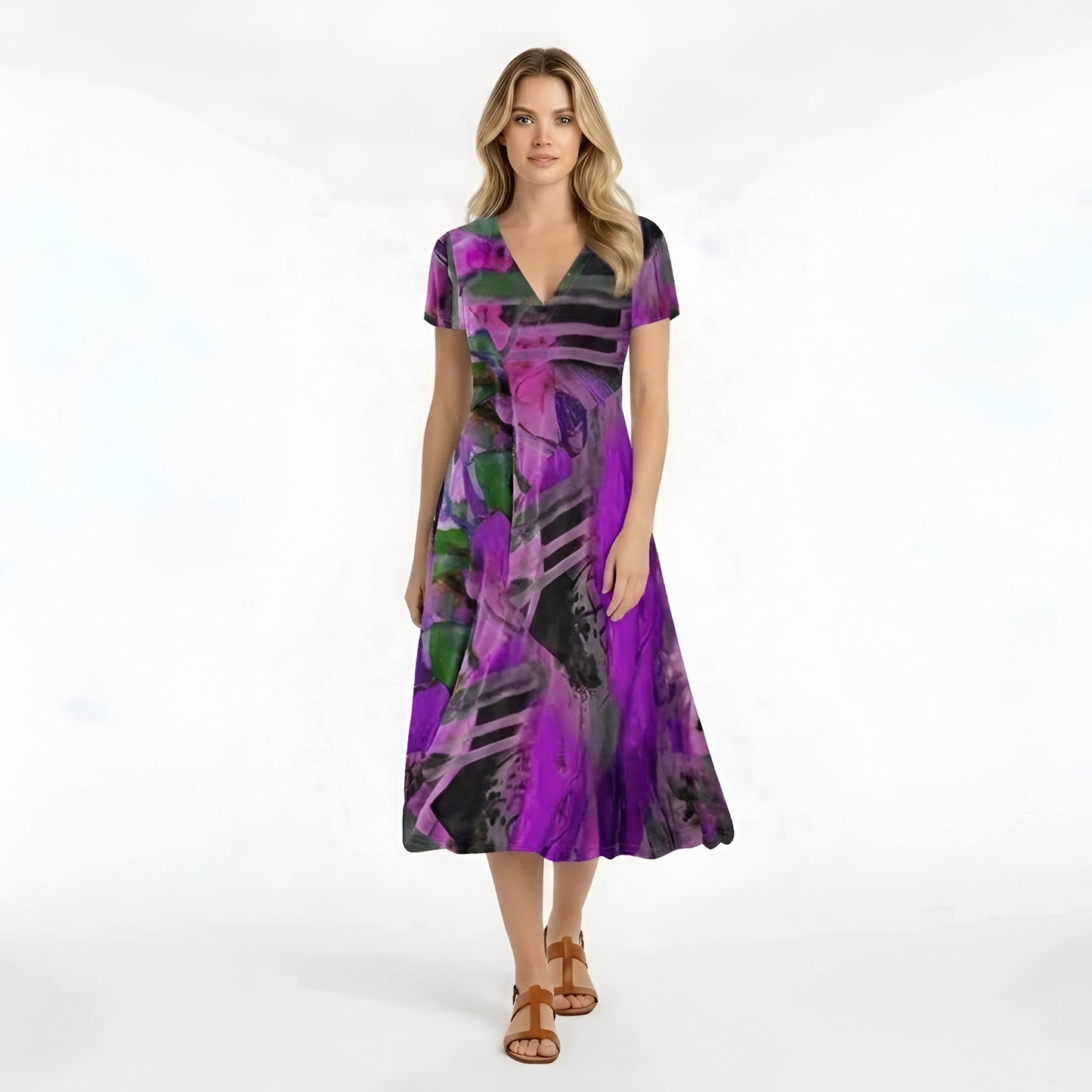 Femme Robe Midi Manches Courtes avec Col en V et Imprimé Abstrait
