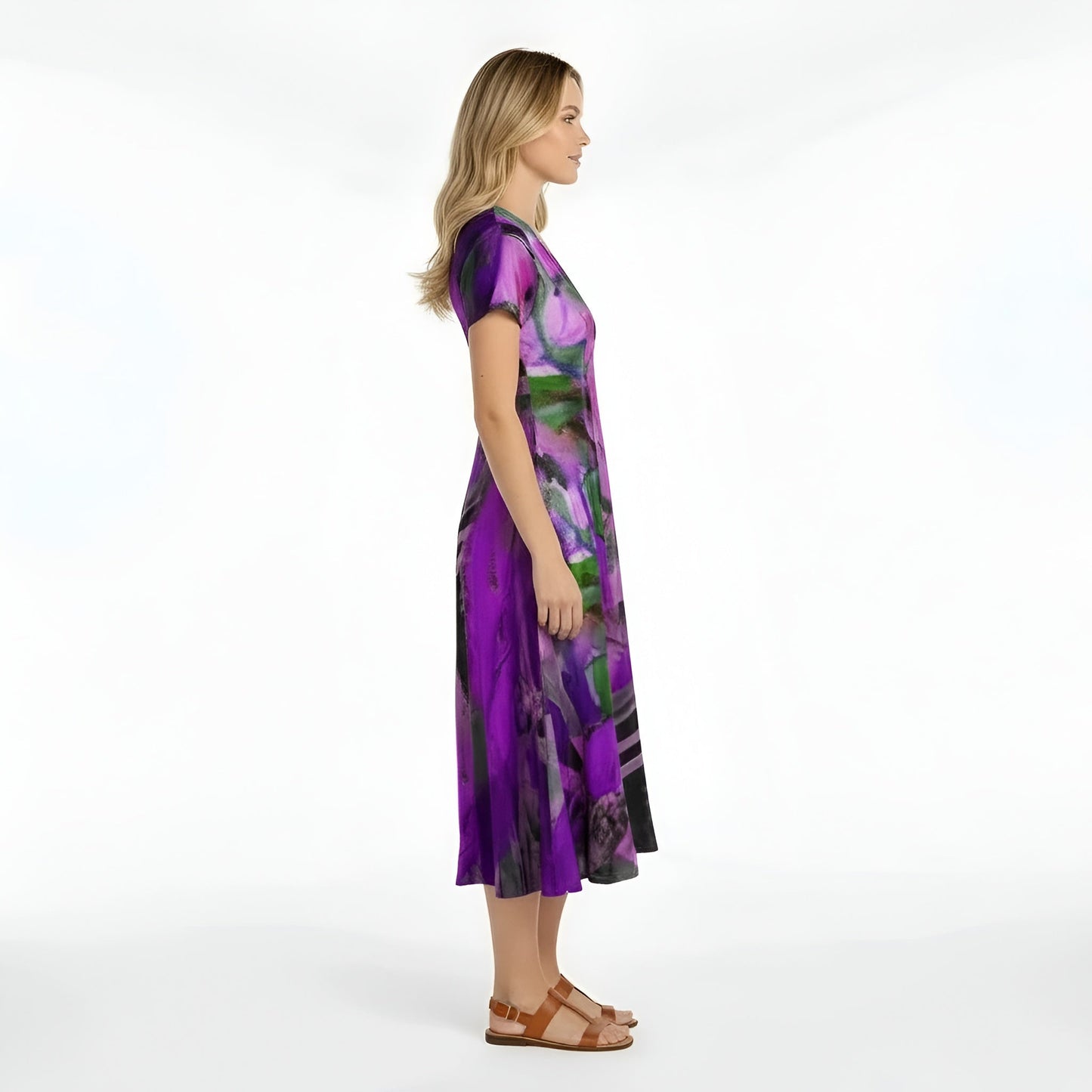 Femme Robe Midi Manches Courtes avec Col en V et Imprimé Abstrait