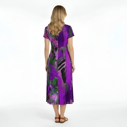 Femme Robe Midi Manches Courtes avec Col en V et Imprimé Abstrait