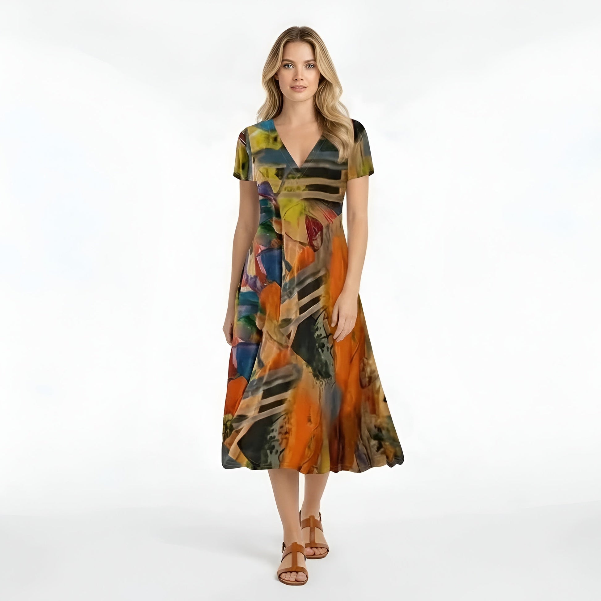 Femme Robe Midi Manches Courtes avec Col en V et Imprimé Abstrait