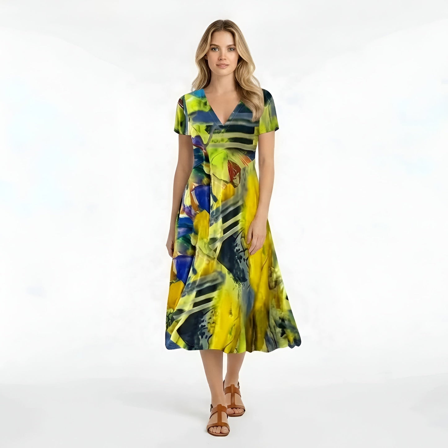 Femme Robe Midi Manches Courtes avec Col en V et Imprimé Abstrait