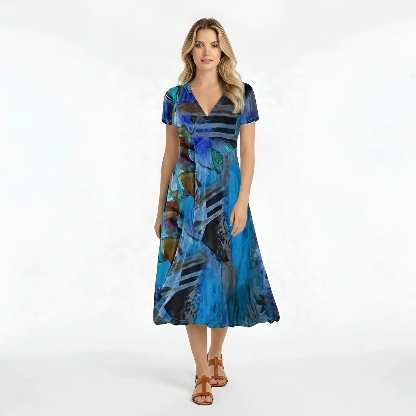 Femme Robe Midi Manches Courtes avec Col en V et Imprimé Abstrait