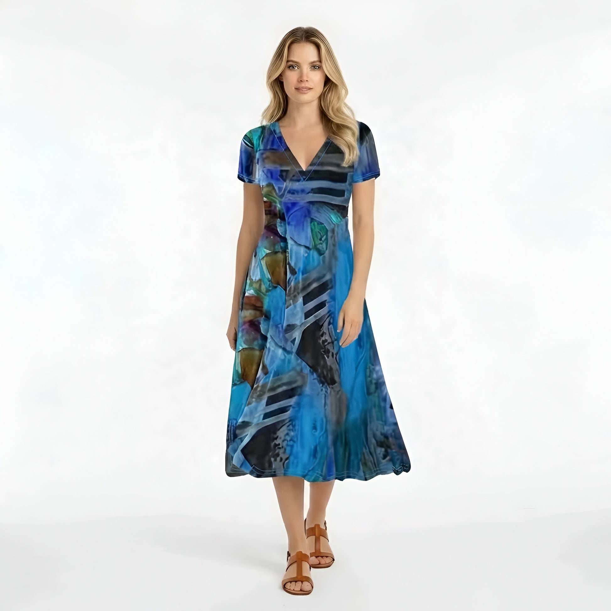 Femme Robe Midi Manches Courtes avec Col en V et Imprimé Abstrait
