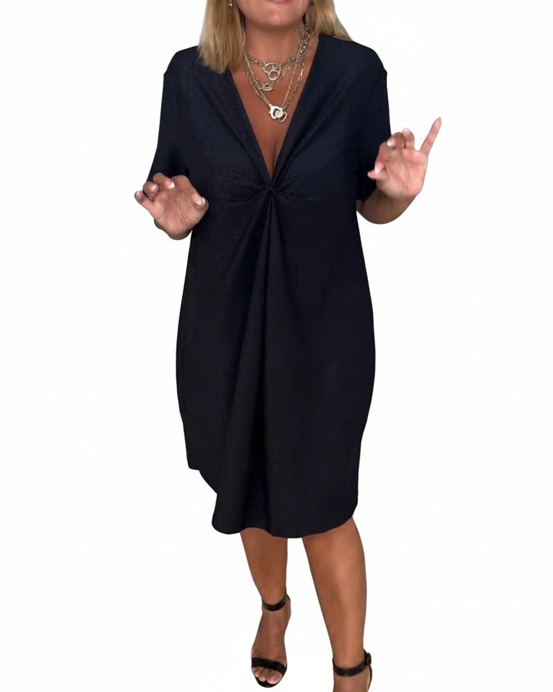 Femme Robe Midi Manches Courtes avec Col en V et Nœud Torsadé