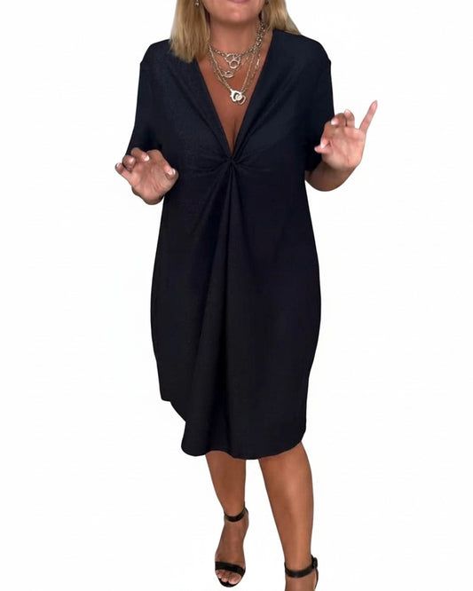Femme Robe Midi Manches Courtes avec Col en V et Nœud Torsadé