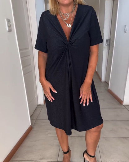 Femme Robe Midi Manches Courtes avec Col en V et Nœud Torsadé