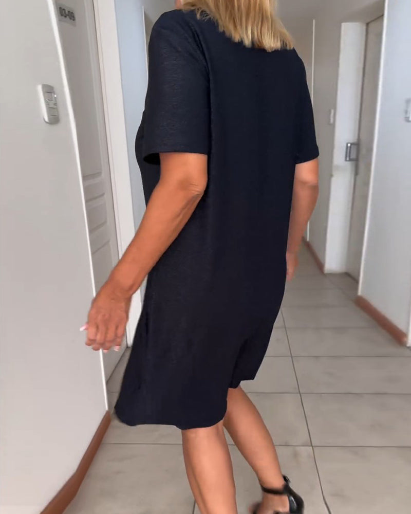 Femme Robe Midi Manches Courtes avec Col en V et Nœud Torsadé