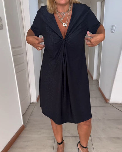 Femme Robe Midi Manches Courtes avec Col en V et Nœud Torsadé