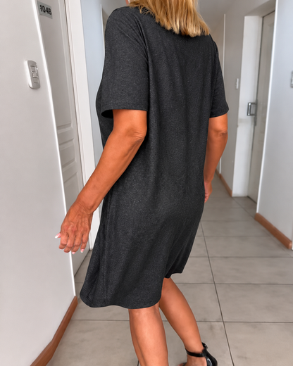 Femme Robe Midi Manches Courtes avec Col en V et Nœud Torsadé