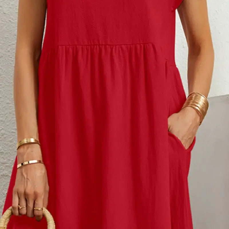 Femme Robe Midi Manches Courtes avec Col Rond et Poches Latérales