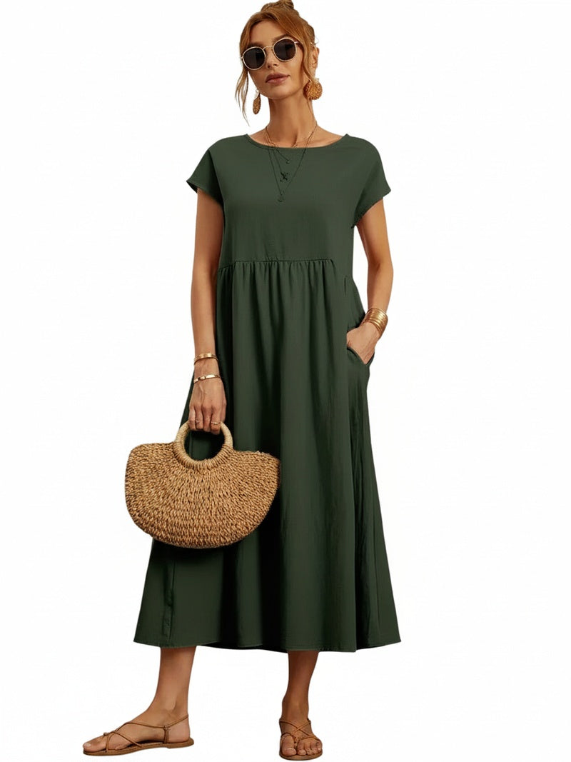 Femme Robe Midi Manches Courtes col Rond avec Poches et Coupe Ample
