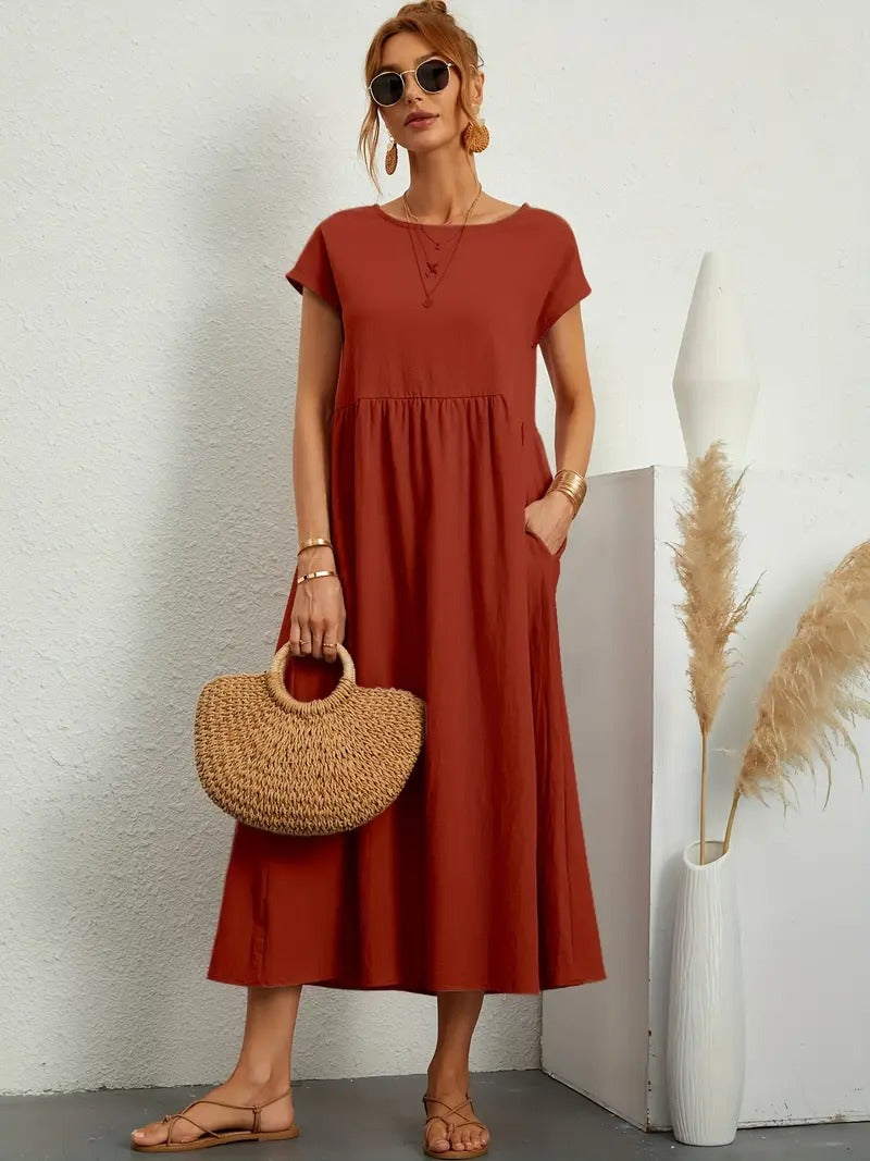 Femme Robe Midi Manches Courtes col Rond avec Poches et Coupe Ample