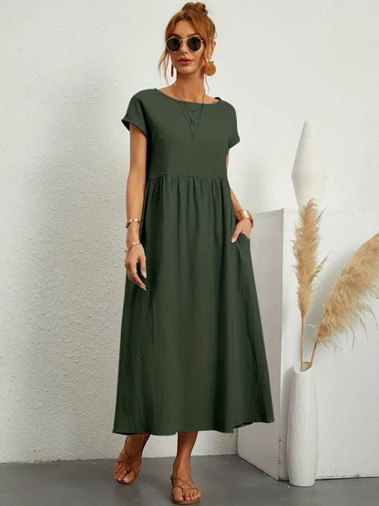 Femme Robe Midi Manches Courtes col Rond avec Poches et Coupe Ample