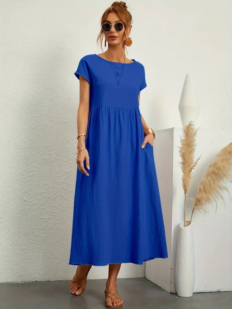 Femme Robe Midi Manches Courtes col Rond avec Poches et Coupe Ample